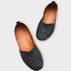 Biza Leather Floral Embossed Slip On Flats Memory Foam Comfort
